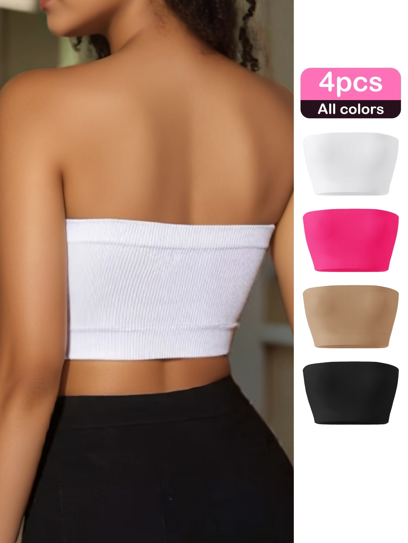 4-Pack Seamless High Elasticity Bandeau Sports Bra, Comfortable Breathable Crop Top, Women's Strapless Yoga Bra, Solid Color, Nylon with Spandex, No Padding, High Support, Adult, Knit Fabric