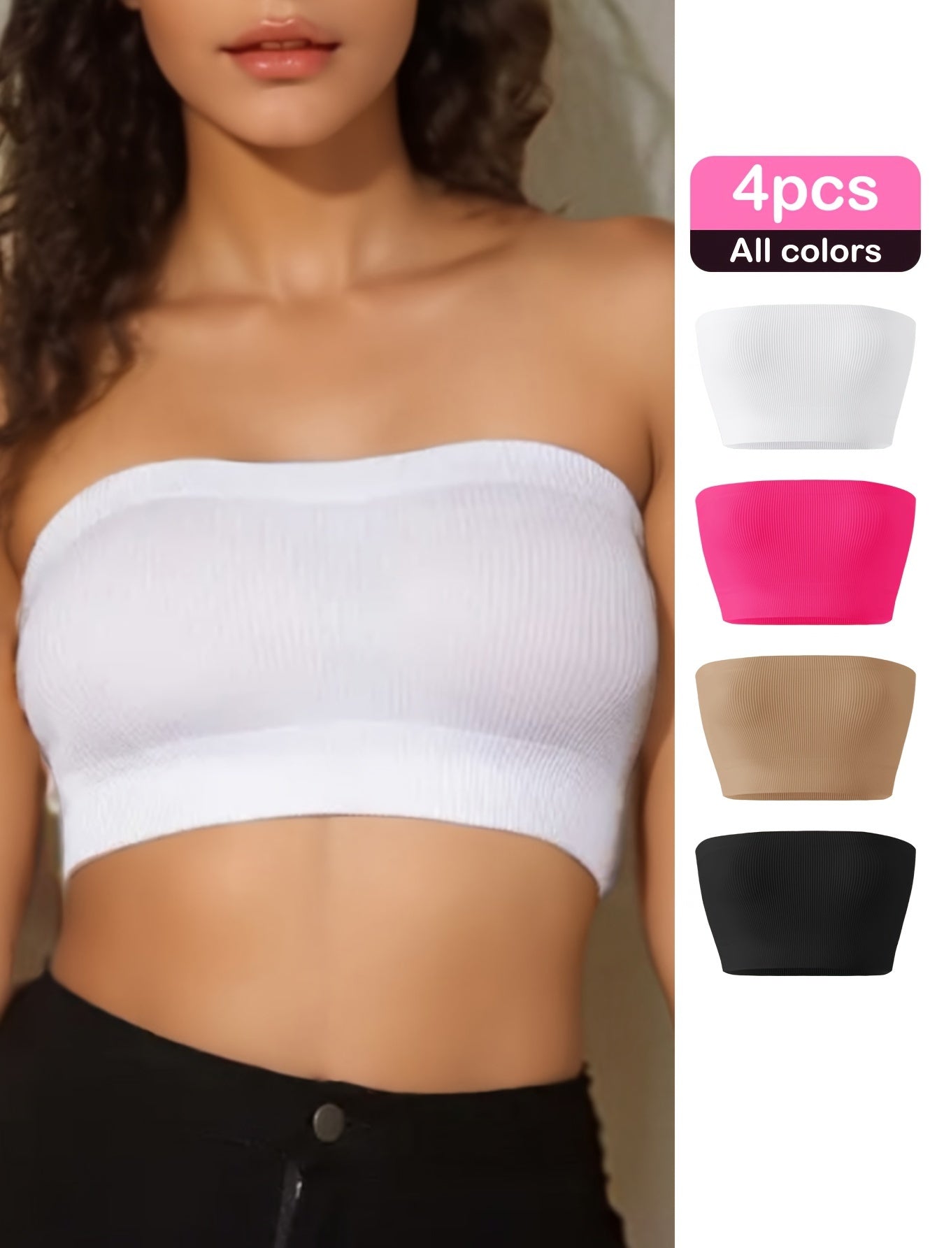 4-Pack Seamless High Elasticity Bandeau Sports Bra, Comfortable Breathable Crop Top, Women's Strapless Yoga Bra, Solid Color, Nylon with Spandex, No Padding, High Support, Adult, Knit Fabric