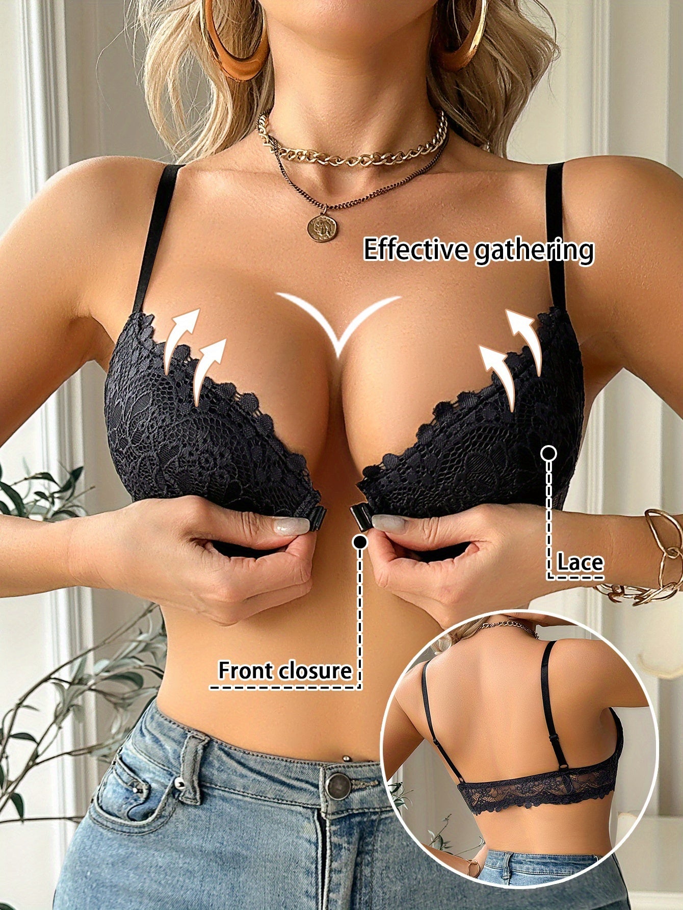 Aurelia Intimates® – Sexy Floral Lace Front Closure Push-Up BH mit Bügel, Schwarz, Elegantes Spitzen-Design ohne Polsterung