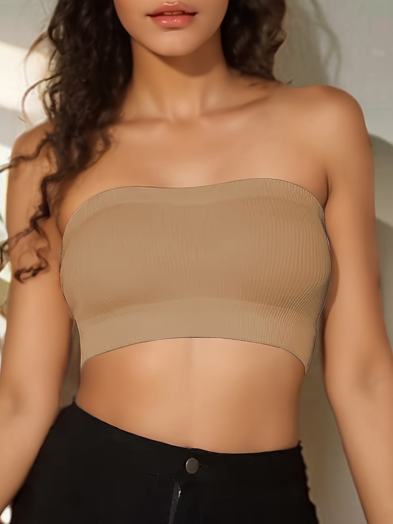 4-Pack Seamless High Elasticity Bandeau Sports Bra, Comfortable Breathable Crop Top, Women's Strapless Yoga Bra, Solid Color, Nylon with Spandex, No Padding, High Support, Adult, Knit Fabric