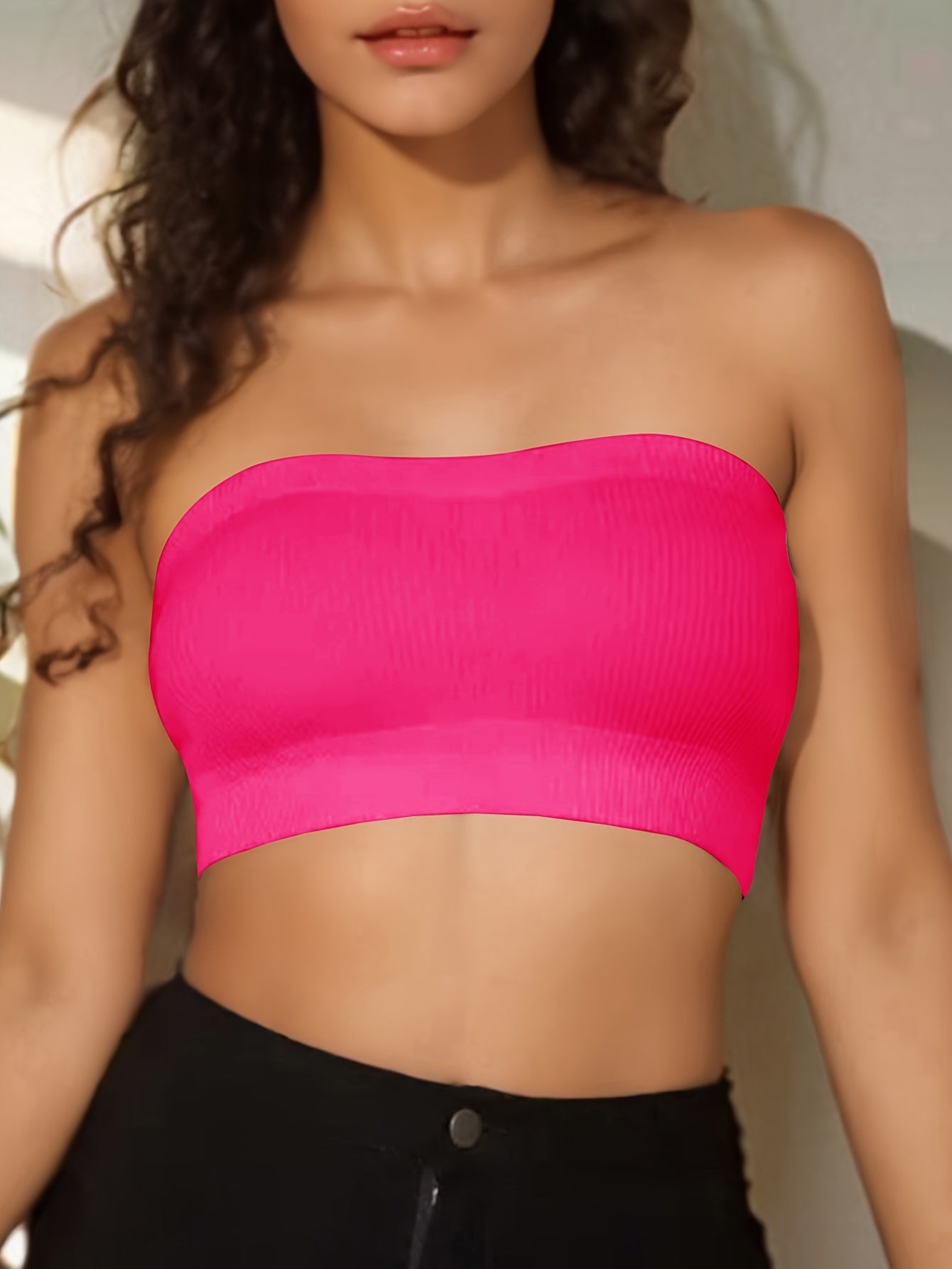 4-Pack Seamless High Elasticity Bandeau Sports Bra, Comfortable Breathable Crop Top, Women's Strapless Yoga Bra, Solid Color, Nylon with Spandex, No Padding, High Support, Adult, Knit Fabric