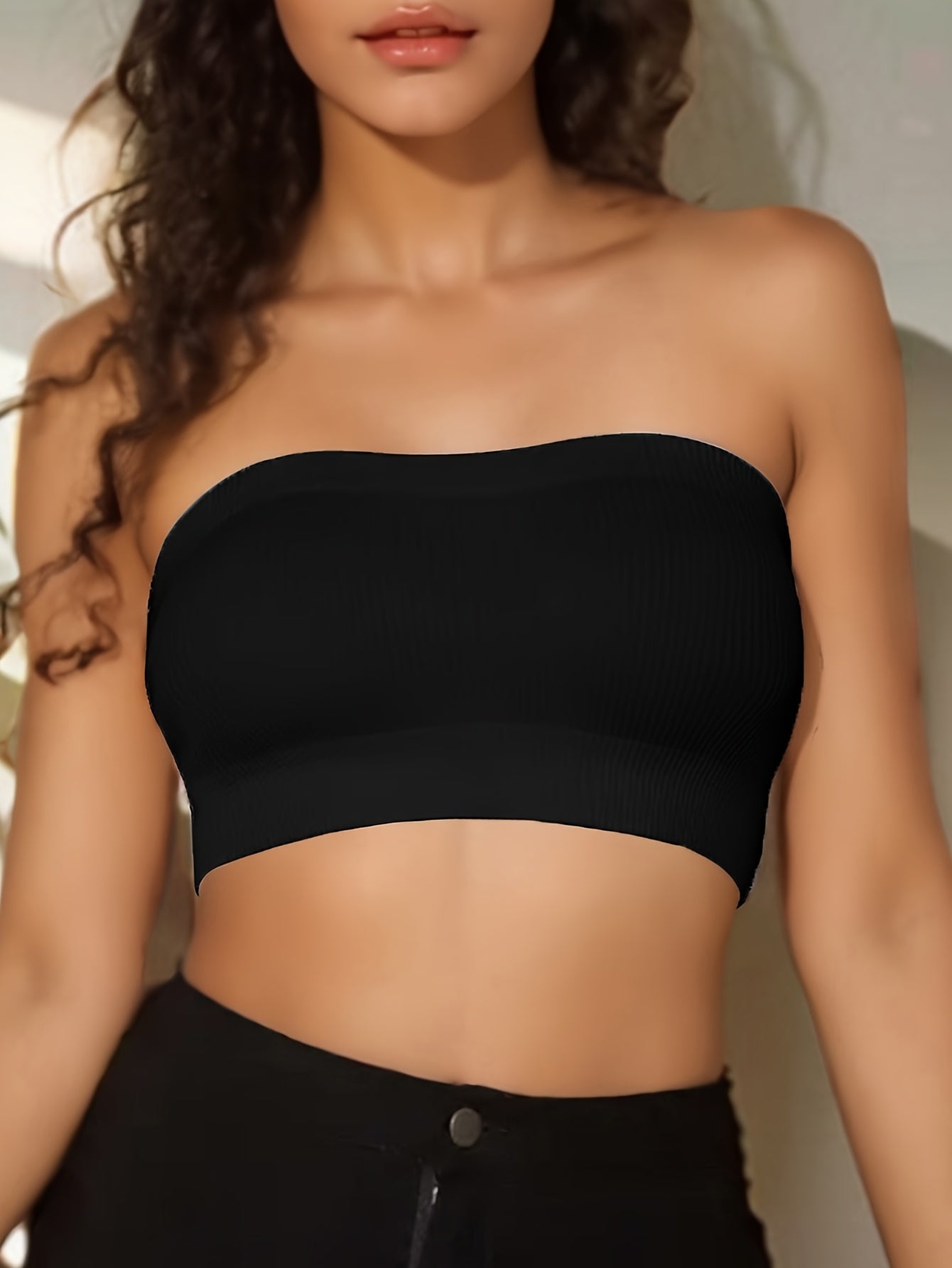 4-Pack Seamless High Elasticity Bandeau Sports Bra, Comfortable Breathable Crop Top, Women's Strapless Yoga Bra, Solid Color, Nylon with Spandex, No Padding, High Support, Adult, Knit Fabric