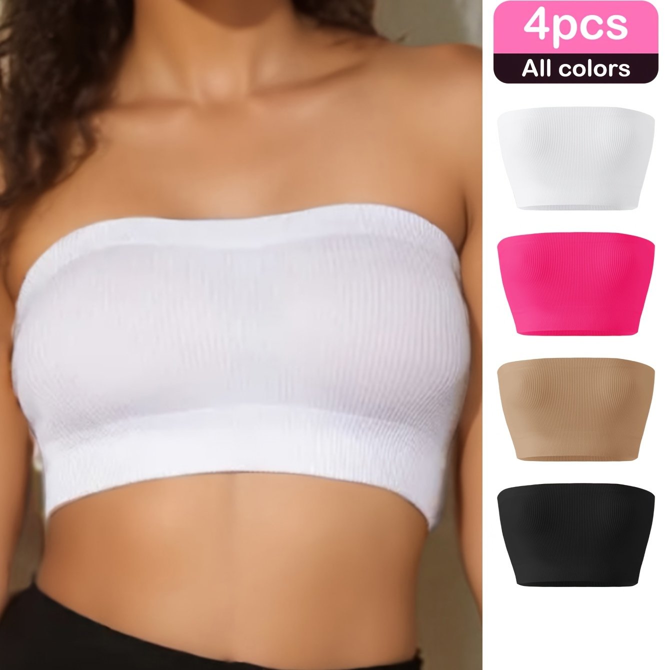4-Pack Seamless High Elasticity Bandeau Sports Bra, Comfortable Breathable Crop Top, Women's Strapless Yoga Bra, Solid Color, Nylon with Spandex, No Padding, High Support, Adult, Knit Fabric