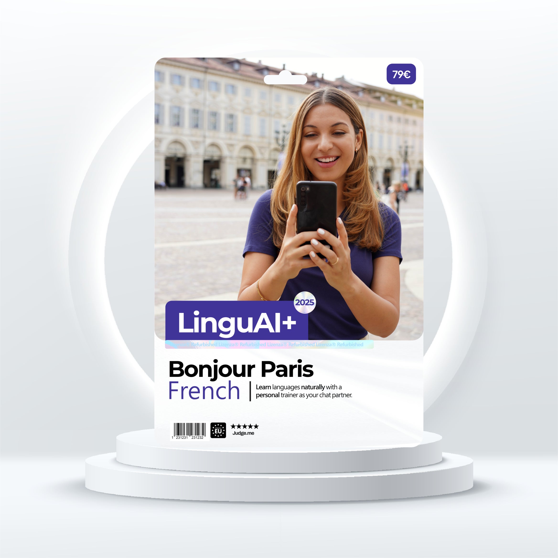 LinguAI French language learning app packaging with user in Paris, promoting interactive AI chat partner.